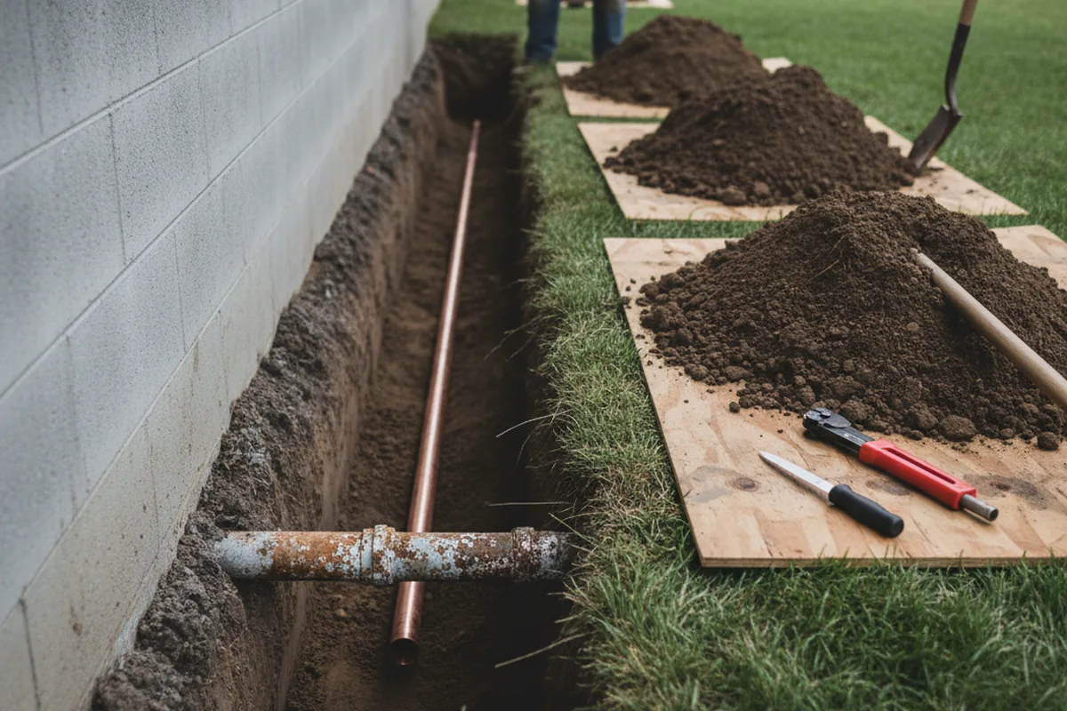 Excavated water line trench during Sewer Line Repair in Gorham